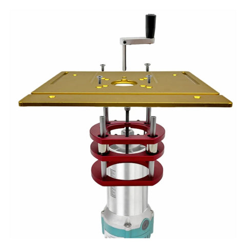 Heavy Duty Router Lift With No Sweat Measuring Gauge And Rock Solid Aluminum Router Table Insert Plate For Quick 65mm Motor Mount and smooth woodworking tasks gold finish with adjustable depth gauge.