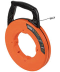 1/8 Inch 120 Foot Steel Electrical Fish Tape With Double Loop Tip and optimized housing, orange casing, side view