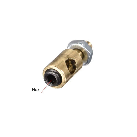 RC Airplane Push Rod Linkage Stoppers Kit With 4mm Body And 2.5mm Hole, 11mm Length Copper Connectors For Precise Linear Movement, Adjustable Pushrod Links Fitting 2.2mm To 2.5mm, 10 Pieces For Hobbyist Builds. Close-up copper RC push rod connector with hex end and nut.