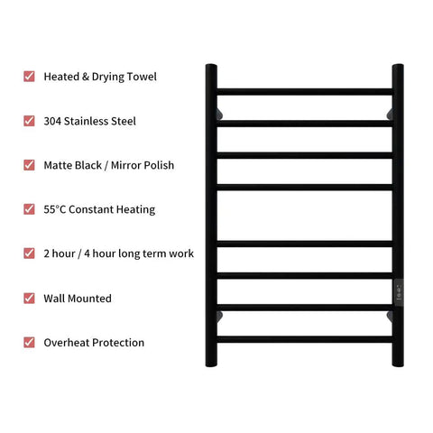 Wall Mounted Heated Towel Rack With Built In Timer And LED Indicator In Matte Black Electric Stainless Steel Towel Warmer