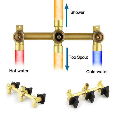 Matte Black 3 Handle Tub And Shower Faucet Set internal plumbing showing hot and cold water connections