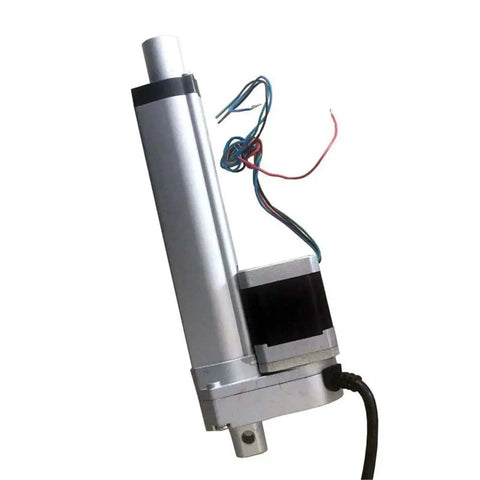 Heavy Duty Nema17 Stepper Motor Linear Actuator With Straight Up Smooth Dc Push Rod Built Tough For Precision Motion Control And Industrial Automation Hella Reliable, showing aluminum body and wires.