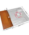Rock Solid Aluminum Router Table Insert Plate Set Heavy Duty Guide Template dimensions marked on smooth surface for accurate wood milling.