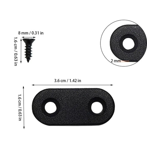 Top Shelf Black Straight Corner Braces Heavy Duty Flat Steel Angle Mounts Paired With All Matching Screws Included For Rock Solid Furniture Reinforcement And No Sweat Home Fixes showing flat black steel brace and matching screw.
