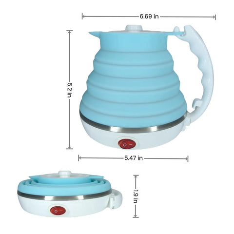 Ultra Thin Collapsible Travel Electric Kettle With Auto Shut Off And Keep Warm 110V, 555ml Food Grade Silicone, Blue, folded and unfolded view