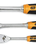 Three Piece Ratchet Set With Ninety Tooth Gear For Tight Spaces, Cushioned Grip Handles, Teardrop Low Profile Heads shown