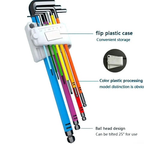 Super Durable Ball End Hex Key Set 9 Pieces Metric Wrench Tool Kit Fits Tight Spots High Carbon Steel Screwdriver Repair Gear With Case, color-coded hex keys in flip case
