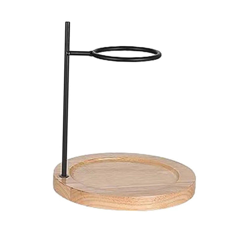 Premium Metal Pour Over Coffee Stand Portable Drip Rack Real Deal Handheld Brew Holder with wooden base and black metal pole.