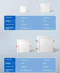 Comparison of Ultra Slim 11 Inch Square LED Recessed Ceiling Light Canless Wafer With 5CCT for different sizes and specs