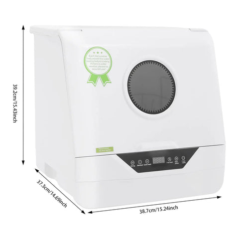 Compact Countertop Dishwasher With 800W Motor And 360 Spraying Arm, Portable Mini Kitchen Appliance featuring digital panel and dimensions shown.