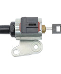 Side view of CVT transmission stepper motor with metal body, black connector, and mounting bracket