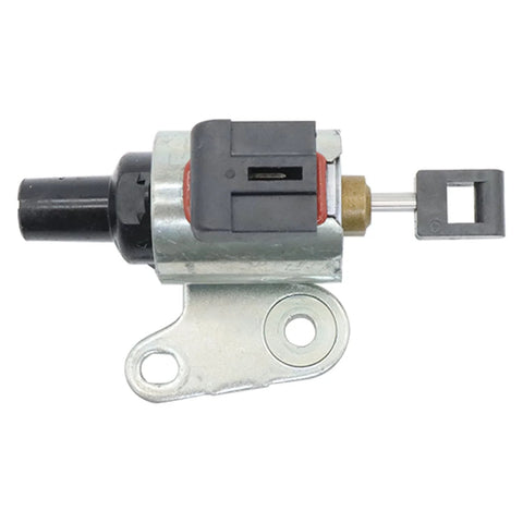 Side view of CVT transmission stepper motor with metal body, black connector, and mounting bracket