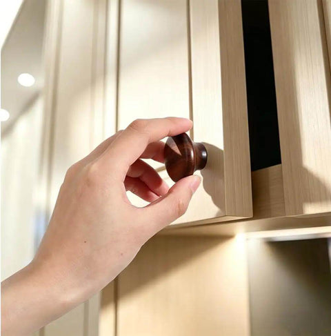Hand gripping Mushroom Shape Walnut Wood Drawer Handles 10Pcs Coconut Brown Single Hole Wooden Cabinet Knobs on kitchen cabinet