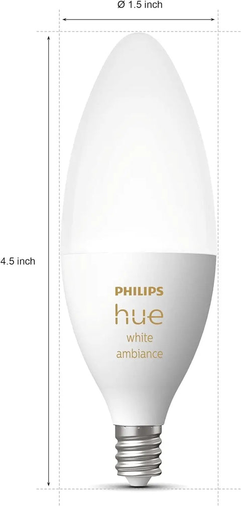 Smart White Ambiance BR39 Candle LED Bulb 40W Equivalent With E12 Base, 450 Lumens, white LED bulb with dimensions shown.