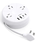 Gotta Love This Compact Travel Power Strip With Retractable Five Foot Cord And Seven Outlet Surge Protector Featuring Dual USB C And USB A Ports, white, round design.