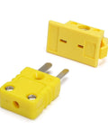SeaISee two yellow K-Type panel-mount thermocouple plug and socket connectors, front and side views