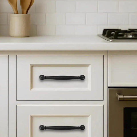 Installed 10 Pack 4 Inch Hole Center Matte Black Heavy Duty Solid Cabinet Pulls for dressers bathrooms kitchens and cabinets