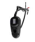 Electric wheelchair power controller, black handheld unit with rectangular display window and wired connectors.