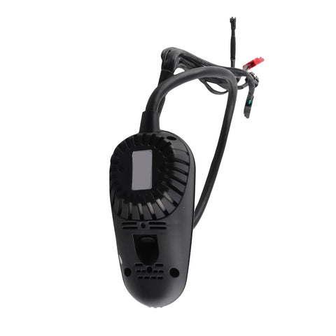 Electric wheelchair power controller, black handheld unit with rectangular display window and wired connectors.