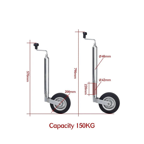 Built Tough Top Wind Trailer Jack With Jockey Wheel And Clamp Europe Type RV Stand 48mm Tube 150kg capacity diagram