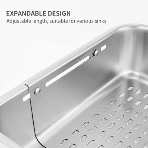 Close-up of Extendable Over Sink Colander In Stainless Steel showing adjustable design for various sinks, Heavy-Duty SUS 304