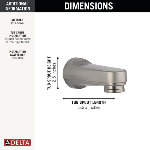 RP17453SS Pull Down Diverter Stainless Tub Spout Replacement For One Half Inch IPS Threads with dimensions shown