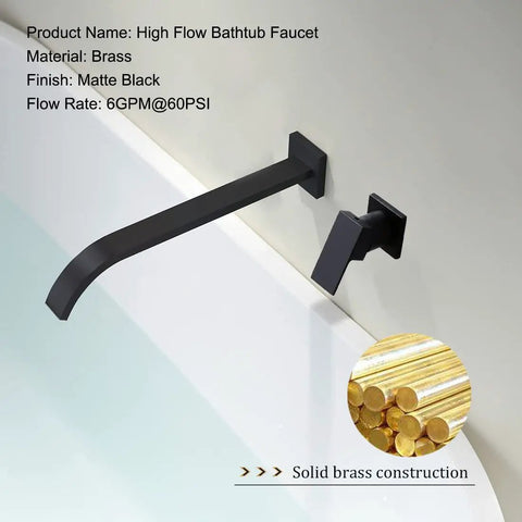 Matte Black Wall Mount Tub Filler Faucet With Extra Long Spout, Single Handle Bathtub Set, No Drip Ceramic Disc Core