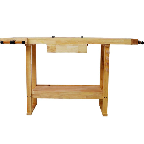 Heavy Duty Rubber Wood Workbench With Bar Clamps For Garage Diy And Welding Station features spacious top and storage drawer.