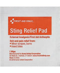 First Aid Only Sting Relief Pad packet, single-use antiseptic wipe with orange label