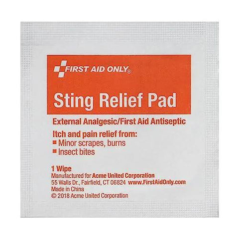 First Aid Only Sting Relief Pad packet, single-use antiseptic wipe with orange label