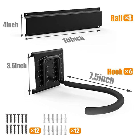 Components of Six Bike Wall Mount Storage Rack With Interlocking Rails And Easy Snap Hooks for indoor garage setup