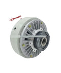 Hollow electromagnetic powder brake, gray housing with exposed shaft and red wiring, 24V