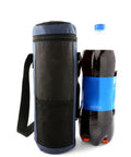 Top Shelf 2 Liter Oxford Insulated Cooler Bag With Long Grip next to a bottle, perfect for camping or beach use.