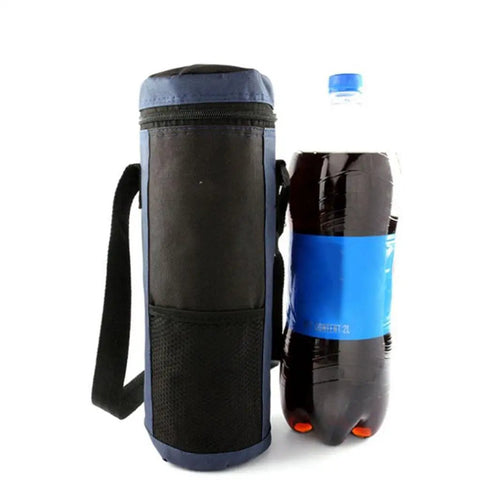 Top Shelf 2 Liter Oxford Insulated Cooler Bag With Long Grip next to a bottle, perfect for camping or beach use.
