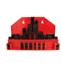 52 Piece T Slot Clamping Kit Seven Sixteenths Inch Heavy Duty Workshop Set arranged on red storage panel