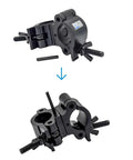 Beefy 2 Inch Aluminum Swivel Truss Clamp With Dual Mount Fits 1.5 To 2 Inch Tubes, 1102 Lb Safe Working Load, TÜV Certified, The Workhorse For Stage Lighting Rigging And Event Setups, shown open and closed