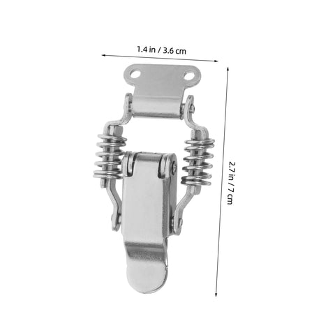 Industrial Draw Latch Clamp Set 4 Pieces Spring Loaded Latch Lid For Iron Toggle Hardware Heavy Duty Security For Toolboxes And Storage Built Tough Like A Tank Rust Resistant Easy To Use Perfect For Gear Chests; Silver spring-loaded latch with measurements.
