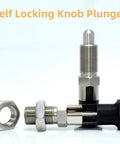 Top Shelf Stainless Steel Plunger Pin Set Double Pack For Tool Chest Organization With Quick Release Pull Ring Spring Loaded Self Locking Knob M10 Threads showing two stainless steel plunger knobs and a hex nut.