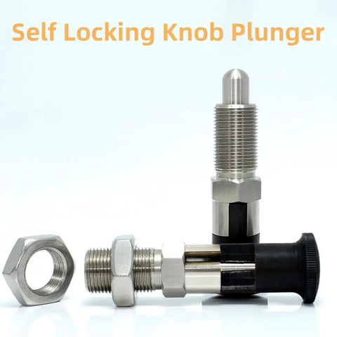 Top Shelf Stainless Steel Plunger Pin Set Double Pack For Tool Chest Organization With Quick Release Pull Ring Spring Loaded Self Locking Knob M10 Threads showing two stainless steel plunger knobs and a hex nut.