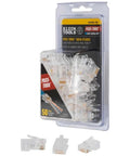 Package of 50 Modular Data Plug For CAT6A And Thicker CAT6 Cables, No Fuss Fast Pass Thru Install, connectors displayed.