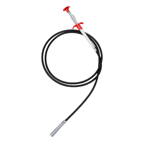 Heavy Duty Toilet Snake Auger And Pipe Clog Remover With Ergonomic Non Slip Handle shown from above, featuring a black coil and red grip.