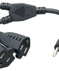 Ultra Short 14-Inch Power Splitter Cord From One NEMA 5-15P To Two NEMA 5-15R Outlets 16 AWG 13A 125V Black Cable, angled view