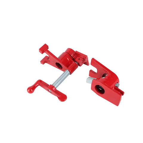 Red Three Quarter Inch Pipe Clamp Hand Cranked Quick Clamp for woodworking, galvanized steel, adjustable length, heavy-duty use