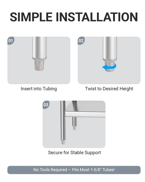Simple installation of Adjustable Bullet Feet For 1-5/8 Inch Tubing Outer Diameter, Stainless Steel Built Tough Heavy Duty Table Leg Levelers