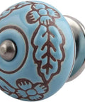 100 Pack Turquoise Ceramic Drawer Knobs With Botanical Leaf And Flower Designs For Kitchen Cabinets Dressers And Doors, close up view.