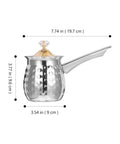 Stovetop Turkish Coffee Pot Cezve Ibrik Hammered Stainless Steel 400ml Coffee Maker shown with dimensions.