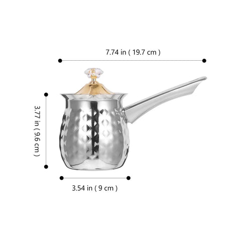 Stovetop Turkish Coffee Pot Cezve Ibrik Hammered Stainless Steel 400ml Coffee Maker shown with dimensions.