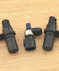 3-Piece Updated Pressure Transducer Sensor Kit For 1999-Up Dodge Chrysler Jeep 45RFE 545RFE 68RFE Transmissions Plug-And-Play Input Output Replacement Compatible With 2-4799061AB And 1-4799758 showing three sensors on wood surface