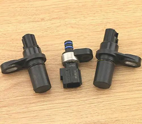 3-Piece Updated Pressure Transducer Sensor Kit For 1999-Up Dodge Chrysler Jeep 45RFE 545RFE 68RFE Transmissions Plug-And-Play Input Output Replacement Compatible With 2-4799061AB And 1-4799758 showing three sensors on wood surface