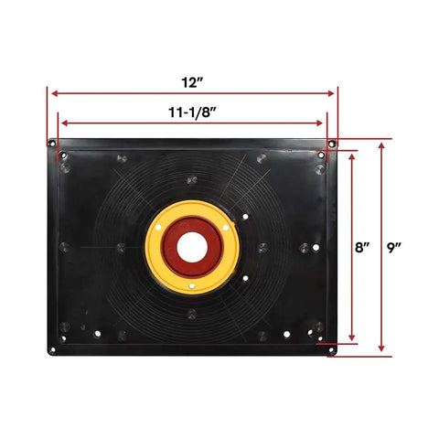 Dead On Accurate Nine By Twelve Inch Router Table Insert Plate with dimensions 12"x9"; undrilled base for precision routing.